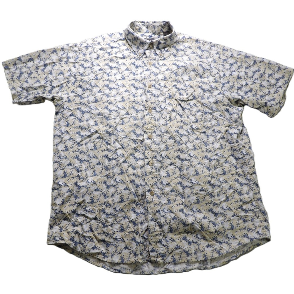 VTG 80s David Taylor Short Sleeve Button Down Shirt Men L Blue Yellow AOP Casual